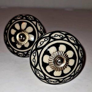 Set of 2 Glazed Patterned Ceramic and Silver Drawer Pulls